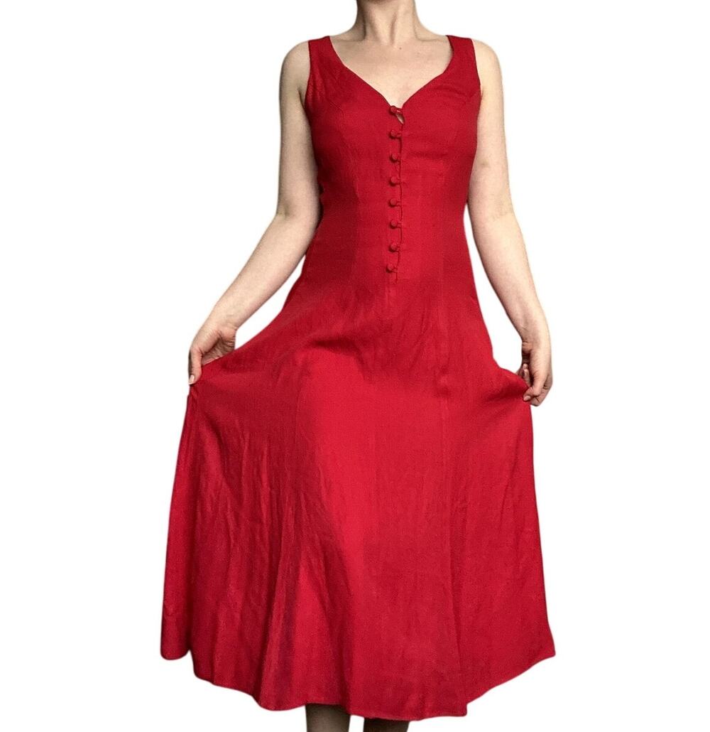 Vintage Sz 5 Red Button Up Midi Dress Acetate Rayon Tie Waist Summer Classic